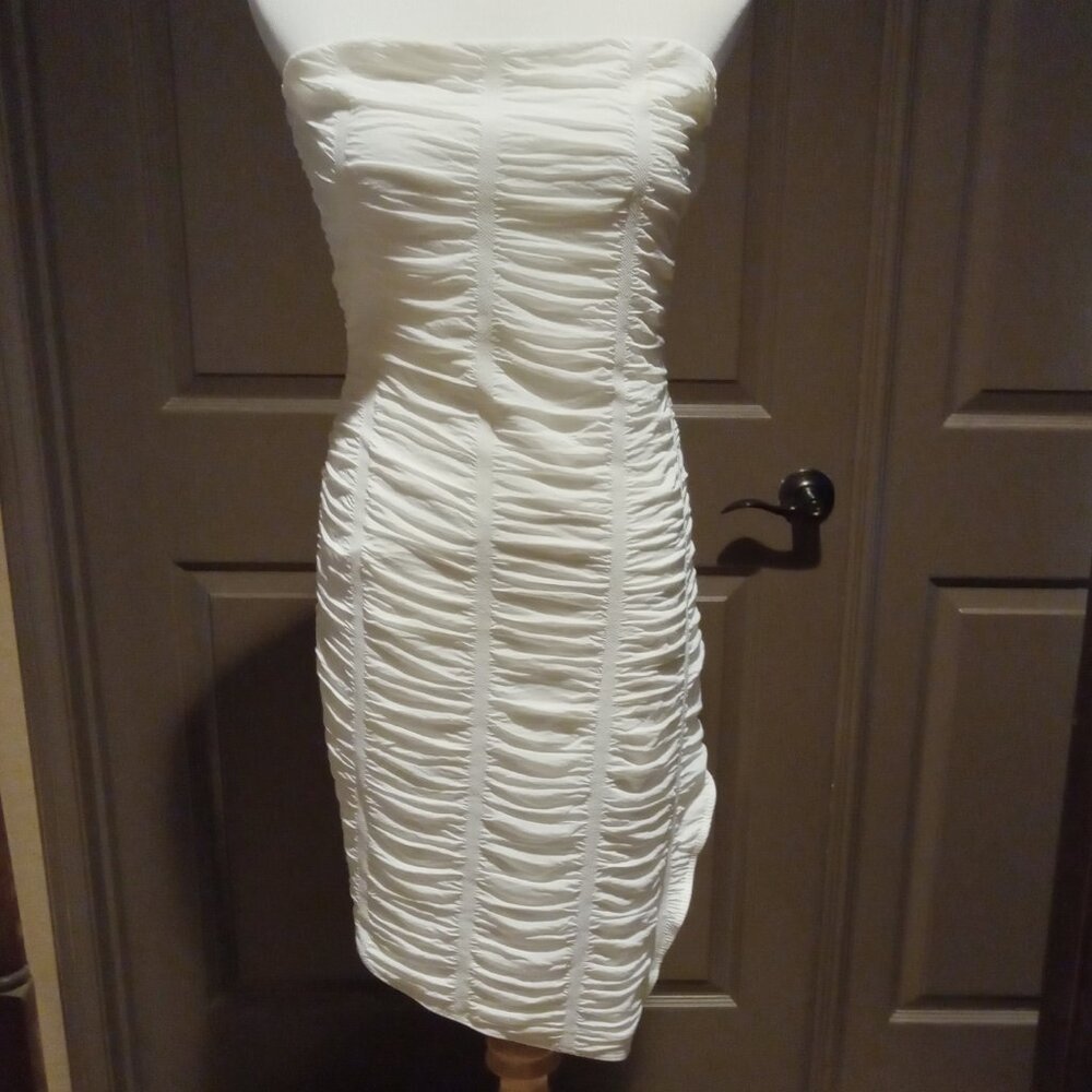 White asymmetrical strapless dress, ruched or bunched material, size M